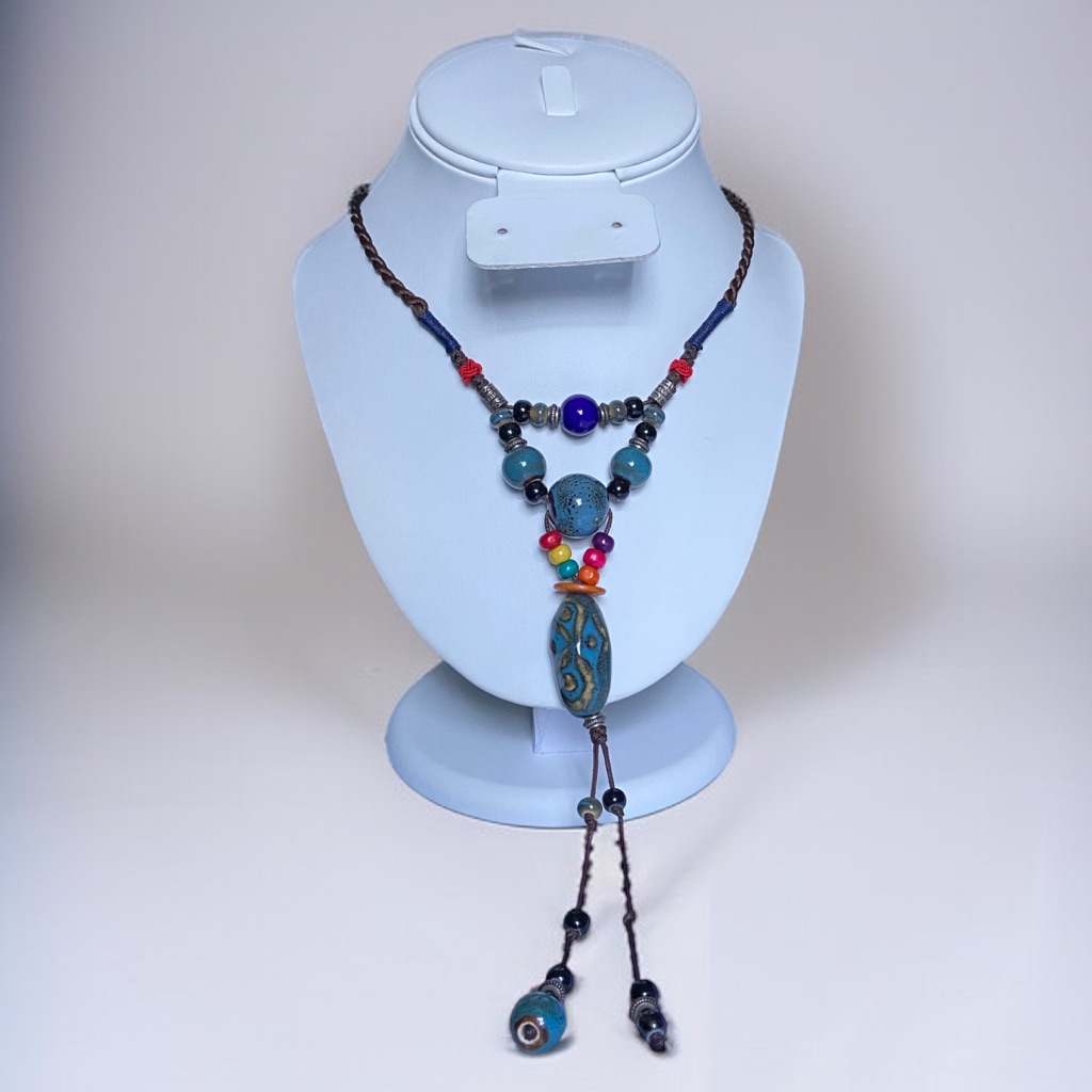 Boho Ceramic Silver Beaded Knotted Necklace Cc